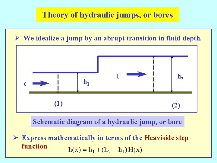 Theory of hydraulic jumps, or bores Ø We idealize a jump by an abrupt