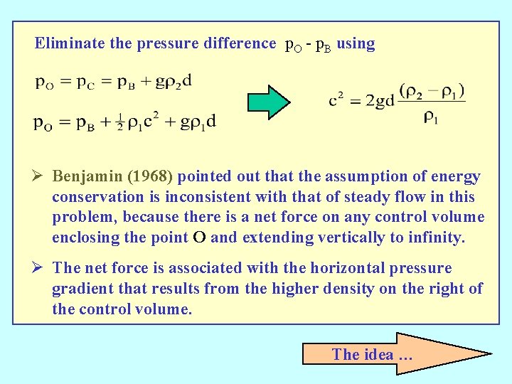 Eliminate the pressure difference p. O - p. B using Ø Benjamin (1968) pointed