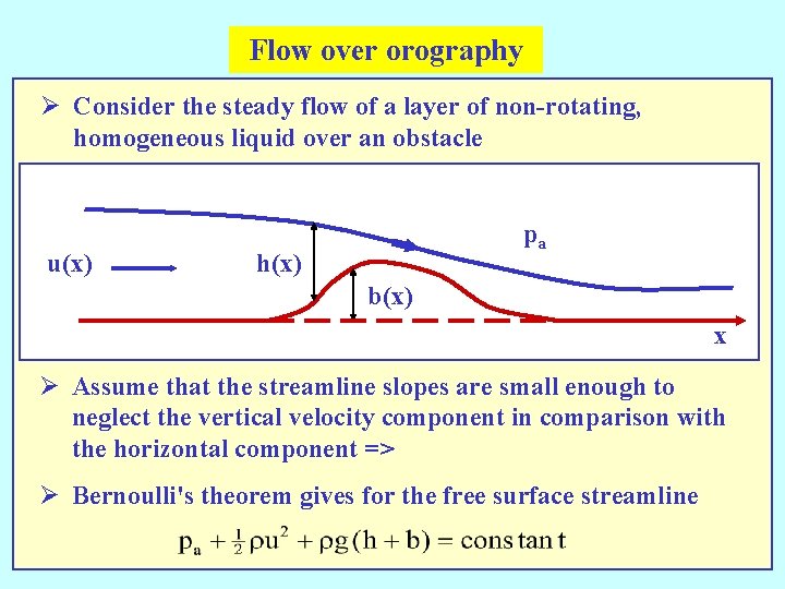 Flow over orography Ø Consider the steady flow of a layer of non-rotating, homogeneous