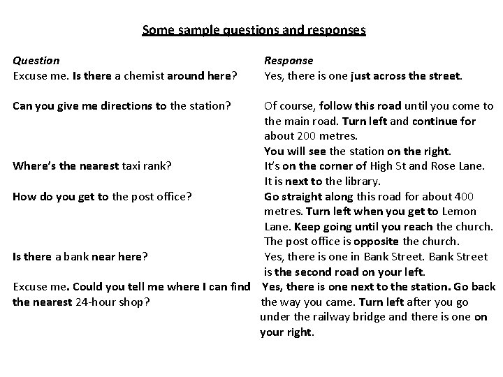 Some sample questions and responses Question Excuse me. Is there a chemist around here?