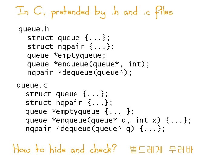 In C, pretended by. h and. c files queue. h struct queue {. .