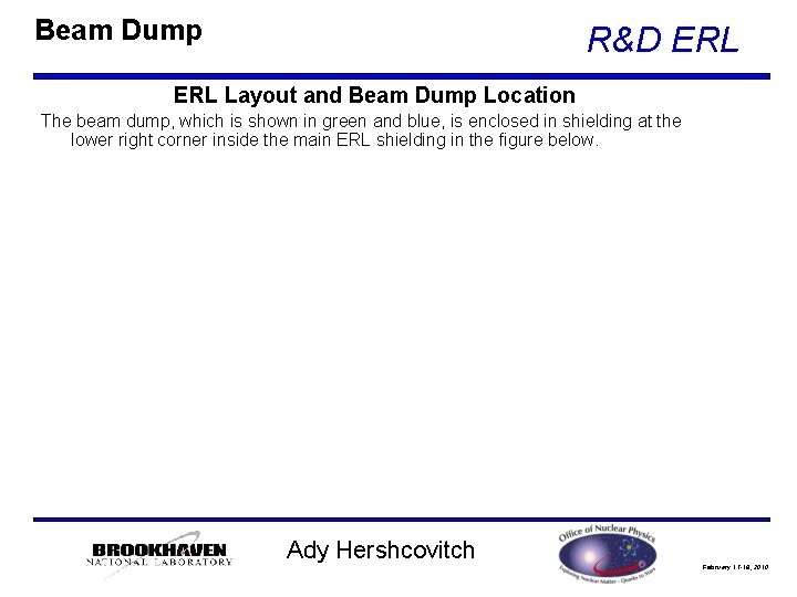 Beam Dump R&D ERL Layout and Beam Dump Location The beam dump, which is