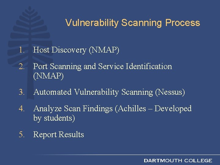 Vulnerability Scanning Process 1. Host Discovery (NMAP) 2. Port Scanning and Service Identification (NMAP)