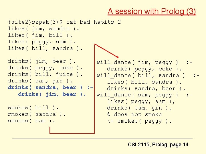 A session with Prolog (3) {site 2}szpak(3)$ cat bad_habits_2 likes( jim, sandra ). likes(