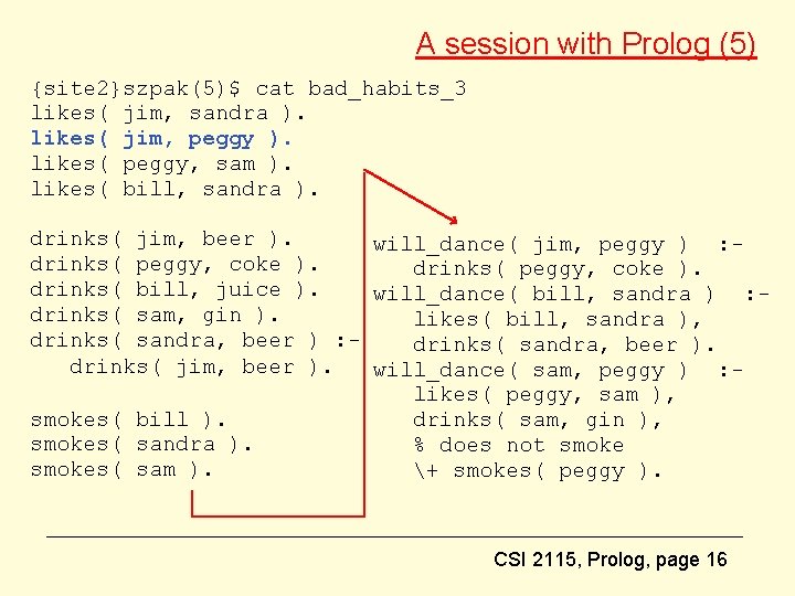 A session with Prolog (5) {site 2}szpak(5)$ cat bad_habits_3 likes( jim, sandra ). likes(