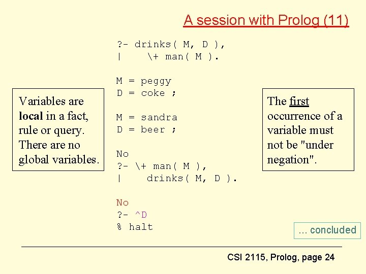 A session with Prolog (11) ? - drinks( M, D ), | + man(