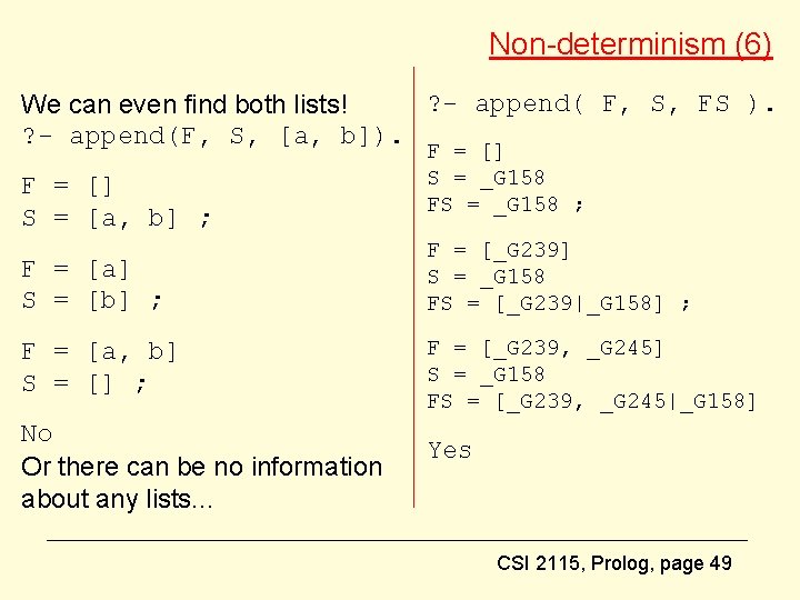 Non-determinism (6) ? - append( F, S, FS ). We can even find both