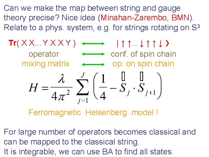 Can we make the map between string and gauge theory precise? Nice idea (Minahan-Zarembo,