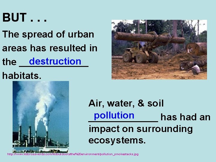 BUT. . . The spread of urban areas has resulted in destruction the _______