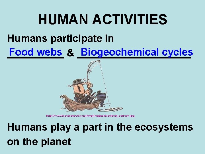 HUMAN ACTIVITIES Humans participate in Food webs & __________ Biogeochemical cycles _____ http: //www.