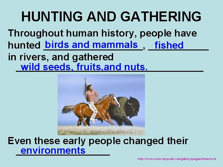 HUNTING AND GATHERING Throughout human history, people have birds and mammals ______ hunted _________,