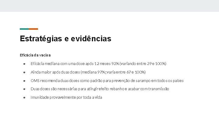 Estratégias e evidências Eficácia da vacina ● Eficácia mediana com uma dose após 12