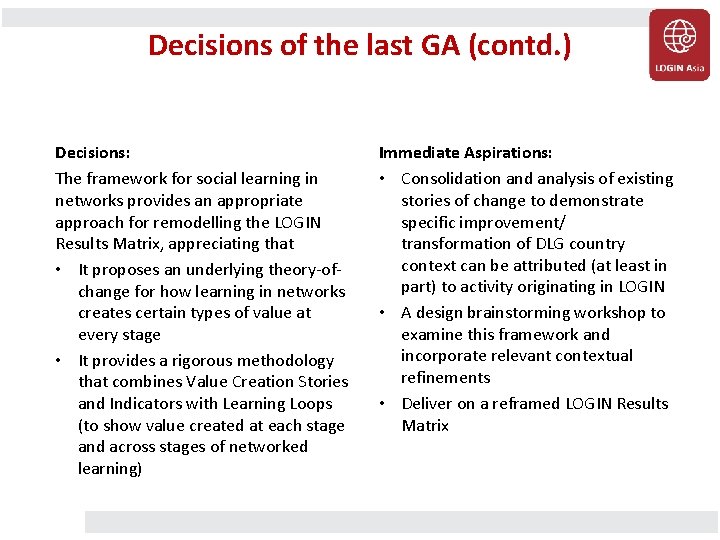 Decisions of the last GA (contd. ) Decisions: The framework for social learning in