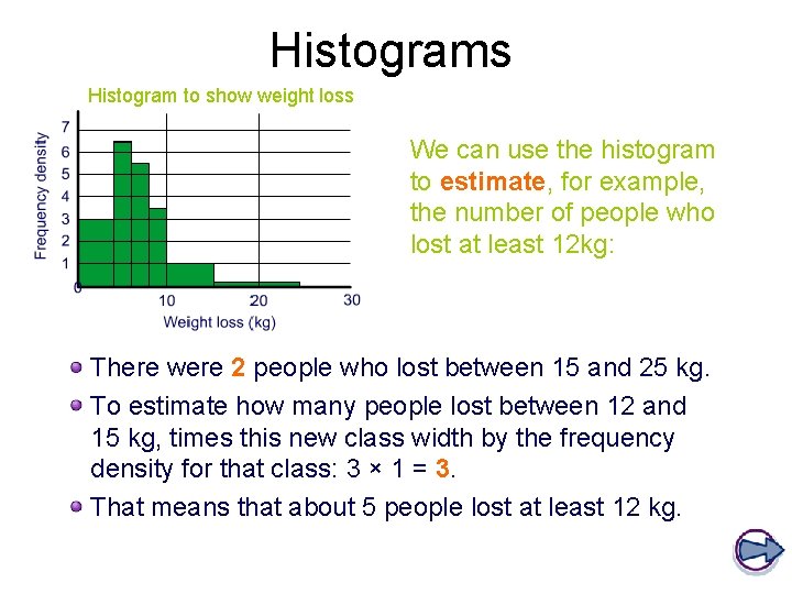 Histograms Histogram to show weight loss We can use the histogram to estimate, for Histograms Histogram to show weight loss We can use the histogram to estimate, for