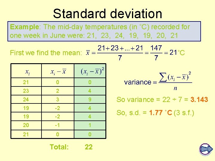 Standard deviation Example: The mid-day temperatures (in ˚C) recorded for one week in June Standard deviation Example: The mid-day temperatures (in ˚C) recorded for one week in June