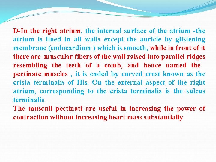 D-In the right atrium, the internal surface of the atrium -the atrium is lined