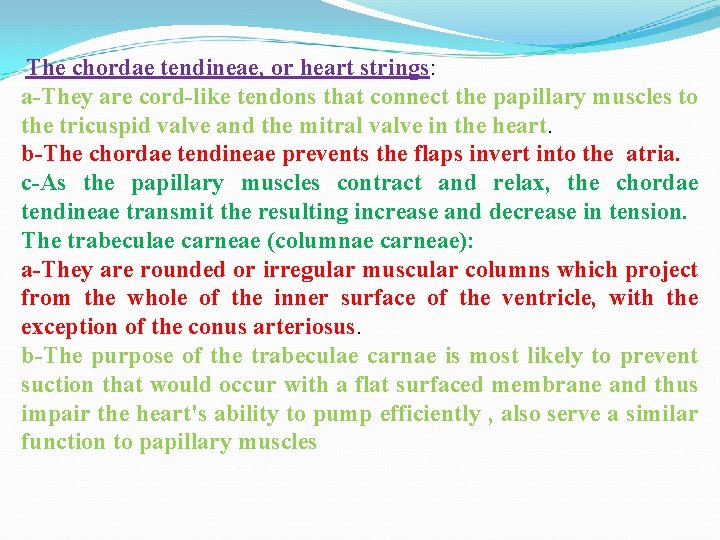 The chordae tendineae, or heart strings: a-They are cord-like tendons that connect the papillary