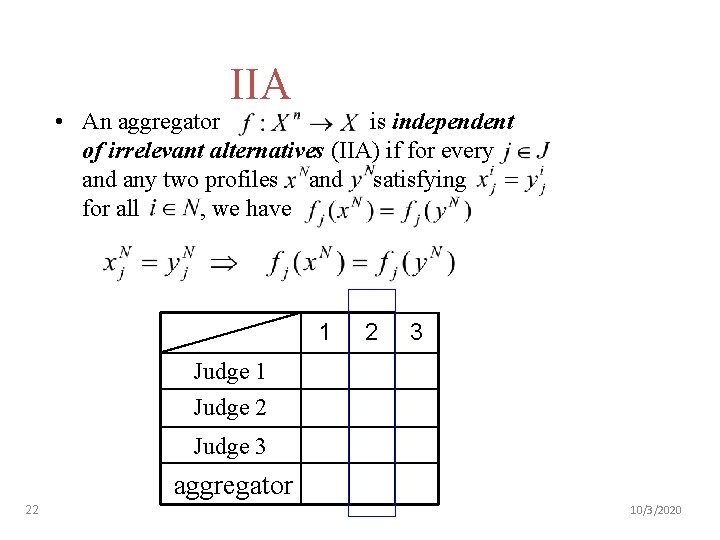 IIA • An aggregator is independent of irrelevant alternatives (IIA) if for every and