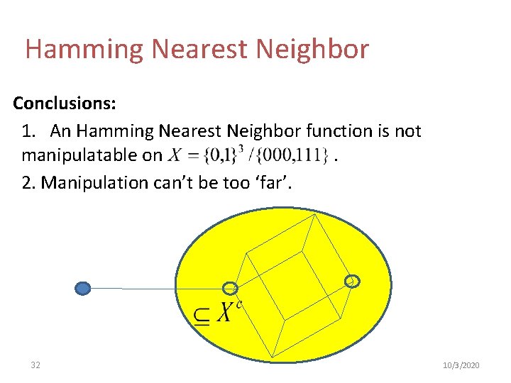 Hamming Nearest Neighbor Conclusions: 1. An Hamming Nearest Neighbor function is not manipulatable on.