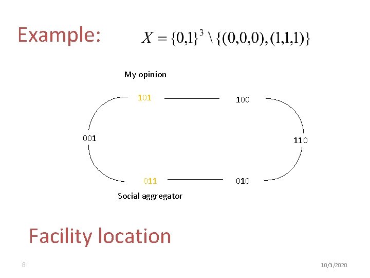 Example: My opinion 101 100 001 110 011 010 Social aggregator Facility location 8