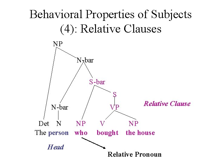 Behavioral Properties of Subjects (4): Relative Clauses NP N-bar S N-bar Det N NP