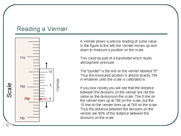 Reading a Vernier A Vernier allows a precise reading of some value. In the