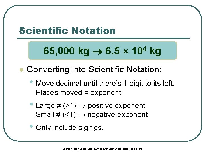 Scientific Notation 65, 000 kg 6. 5 × 104 kg l Converting into Scientific
