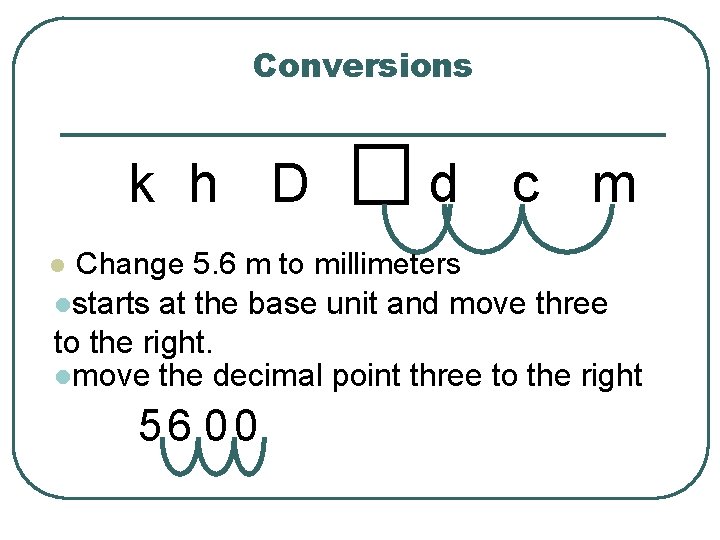 Conversions k h D d c m Change 5. 6 m to millimeters lstarts