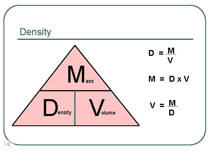 Density D = M V M M = Dx. V ass D ensity V
