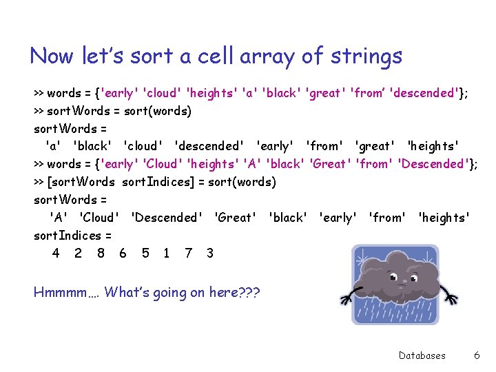 Now let’s sort a cell array of strings >> words = {'early' 'cloud' 'heights'