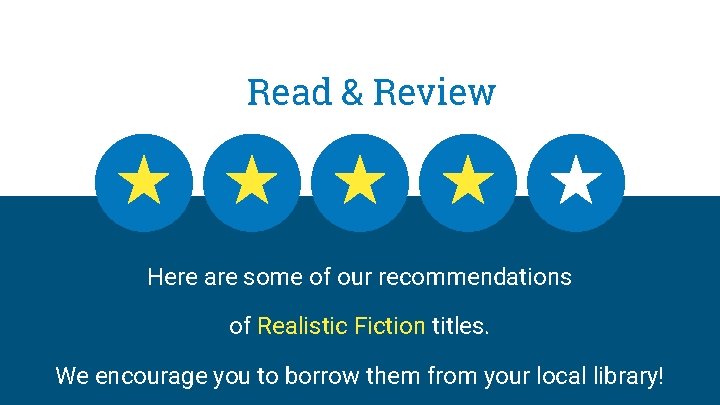 Read & Review Here are some of our recommendations of Realistic Fiction titles. We