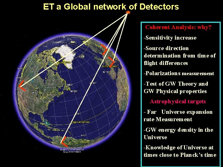  ET a Global network of Detectors Coherent Analysis: why? -Sensitivity increase -Source direction