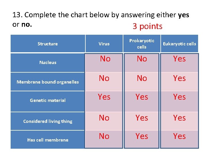 13. Complete the chart below by answering either yes or no. 3 points Structure