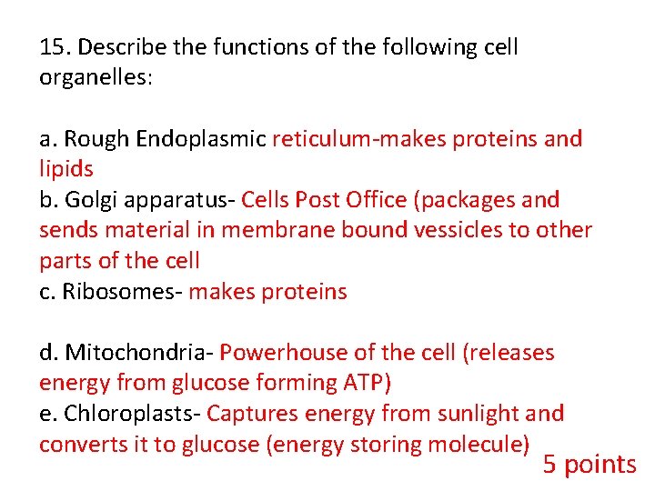 15. Describe the functions of the following cell organelles: a. Rough Endoplasmic reticulum-makes proteins