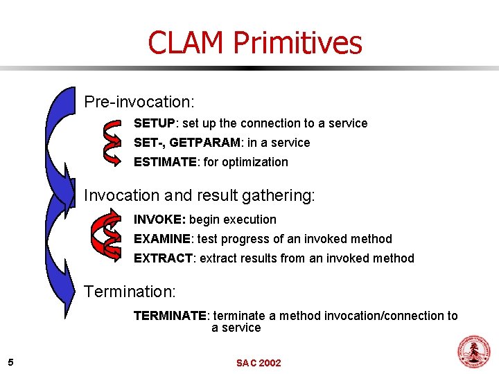 CLAM Primitives Pre-invocation: SETUP: set up the connection to a service SET-, GETPARAM: in