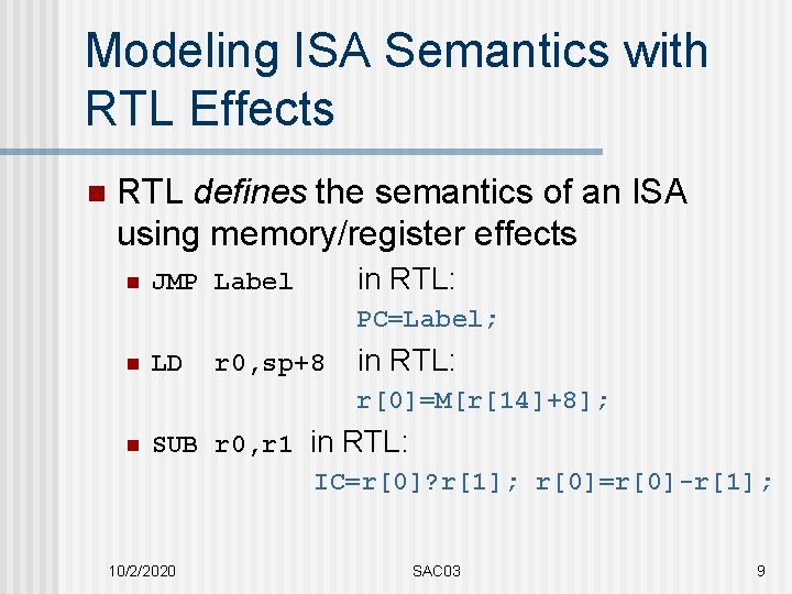 Modeling ISA Semantics with RTL Effects n RTL defines the semantics of an ISA