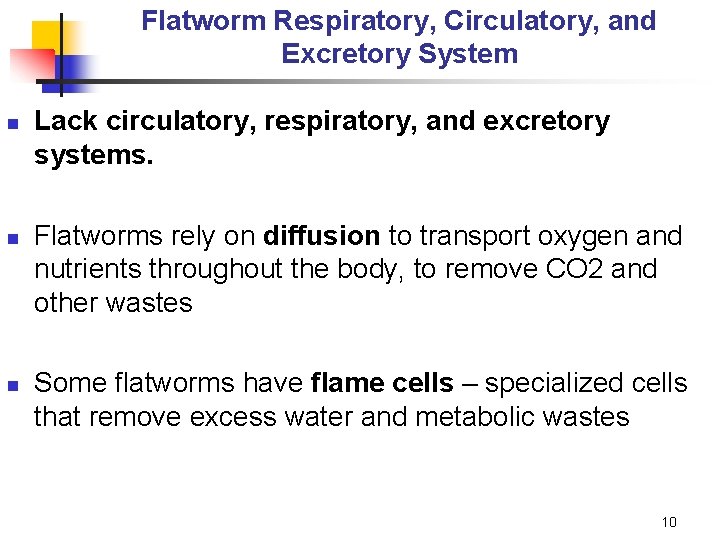 Flatworm Respiratory, Circulatory, and Excretory System n n n Lack circulatory, respiratory, and excretory