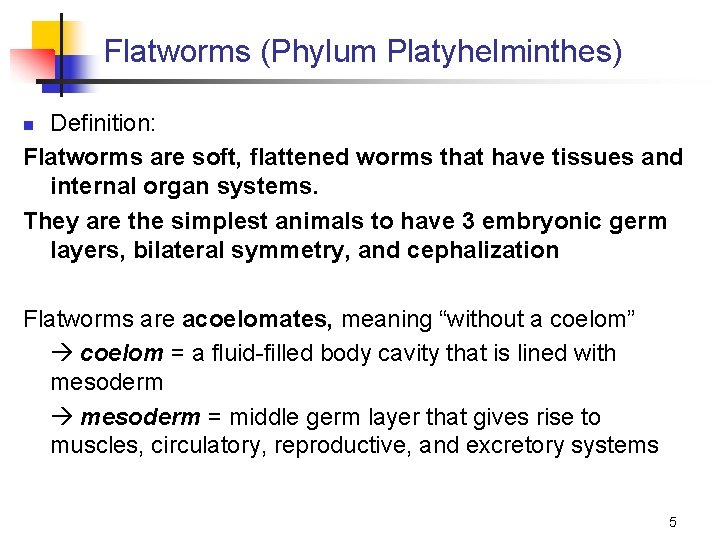 Flatworms (Phylum Platyhelminthes) Definition: Flatworms are soft, flattened worms that have tissues and internal