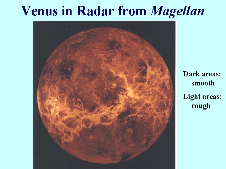 Venus in Radar from Magellan Dark areas: smooth Light areas: rough 