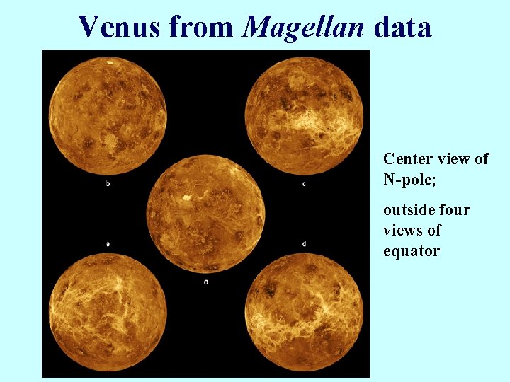 Venus from Magellan data Center view of N-pole; outside four views of equator 