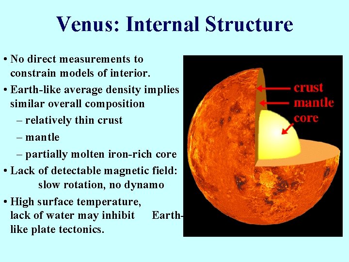 Venus: Internal Structure • No direct measurements to constrain models of interior. • Earth-like