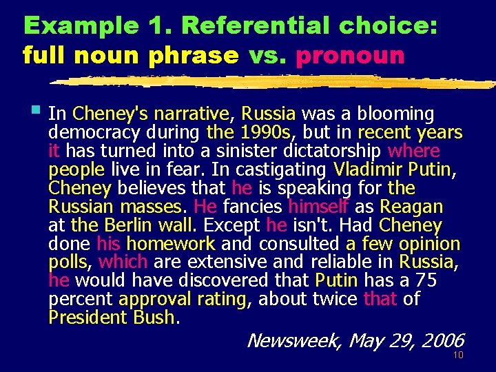 Example 1. Referential choice: full noun phrase vs. pronoun § In Cheney's narrative, Russia