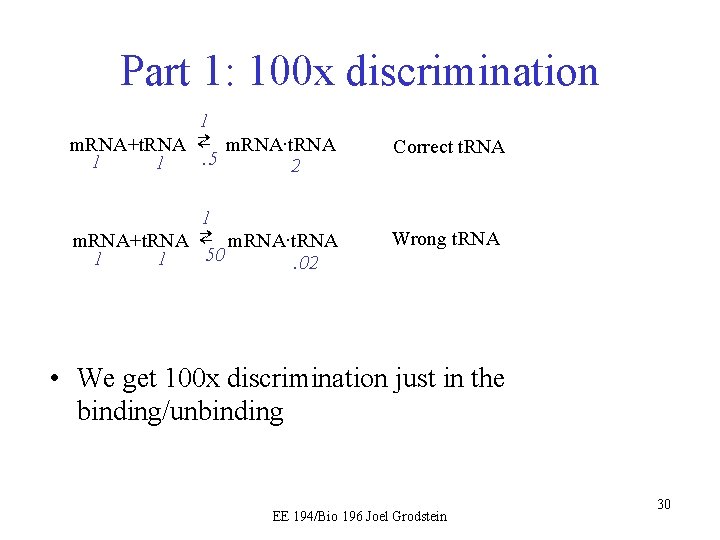 Part 1: 100 x discrimination 1 m. RNA+t. RNA ⇄ m. RNA∙t. RNA. 5