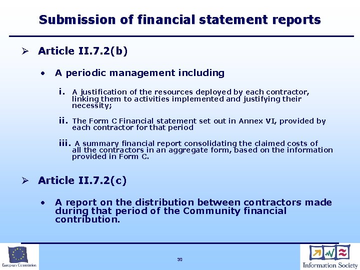 Submission of financial statement reports Ø Article II. 7. 2(b) • A periodic management