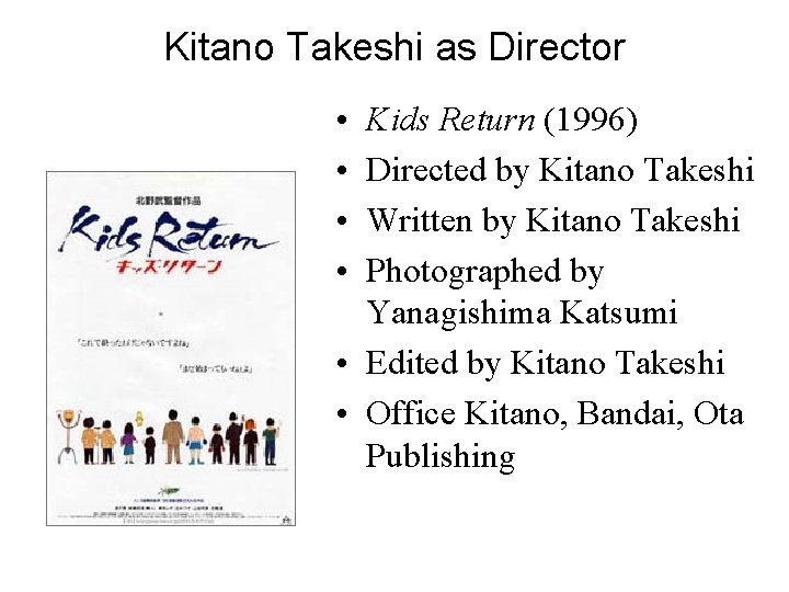 Kitano Takeshi as Director • • Kids Return (1996) Directed by Kitano Takeshi Written