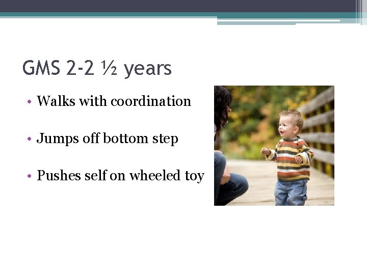 GMS 2 -2 ½ years • Walks with coordination • Jumps off bottom step