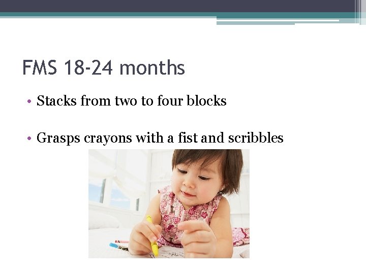 FMS 18 -24 months • Stacks from two to four blocks • Grasps crayons