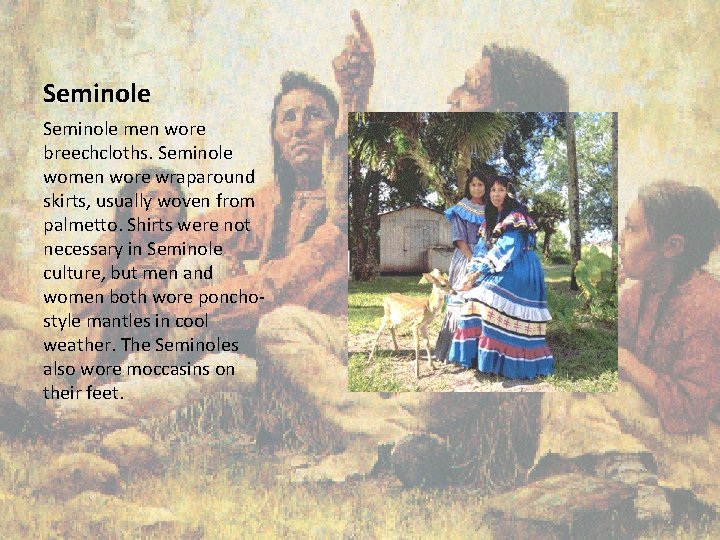 Seminole men wore breechcloths. Seminole women wore wraparound skirts, usually woven from palmetto. Shirts