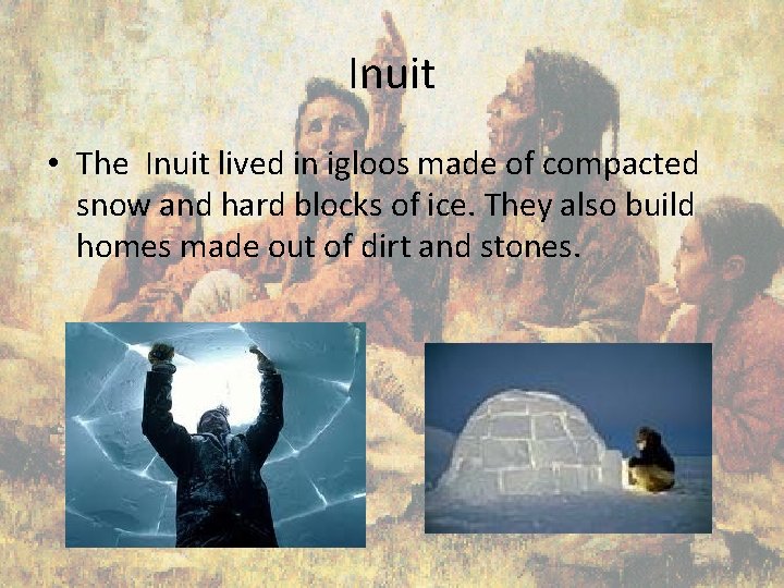 Inuit • The Inuit lived in igloos made of compacted snow and hard blocks