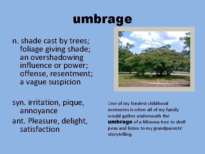 umbrage n. shade cast by trees; foliage giving shade; an overshadowing influence or power;